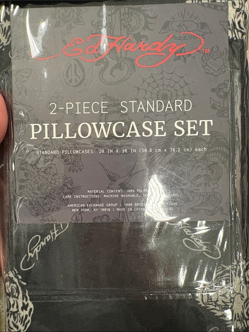 Ed Hardy Black Pillowcase Set with White Script Accents